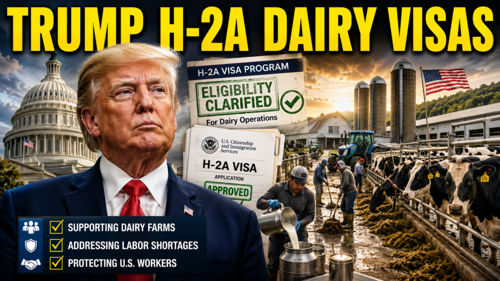 Dairy farm workers and cattle representing H-2A visa dairy operations guidance under the Trump administration