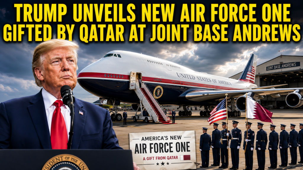President Trump standing beside the new Air Force One aircraft gifted by Qatar at Joint Base Andrews