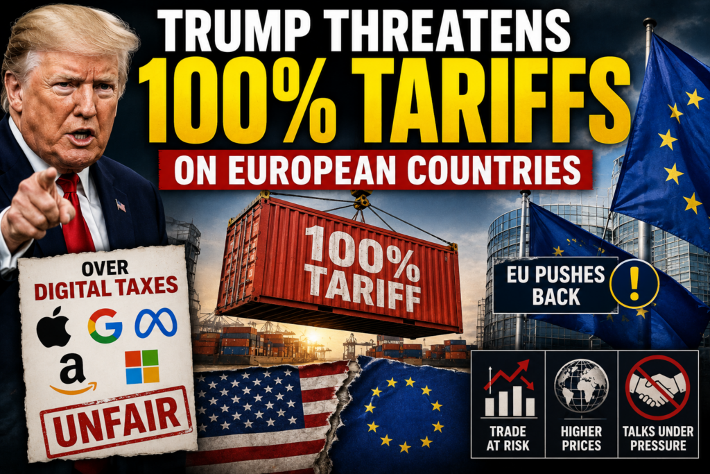 President Donald Trump announces potential 100% tariffs on European countries over digital services taxes targeting U.S. technology companies.