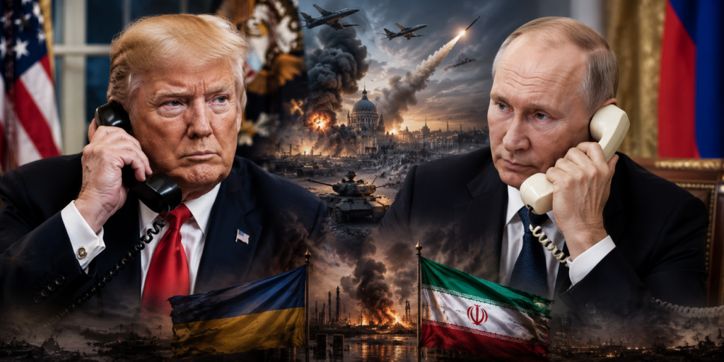 Current image: President Donald Trump and Russian President Vladimir Putin discussing the Ukraine war and Iran conflict during a diplomatic phone call.