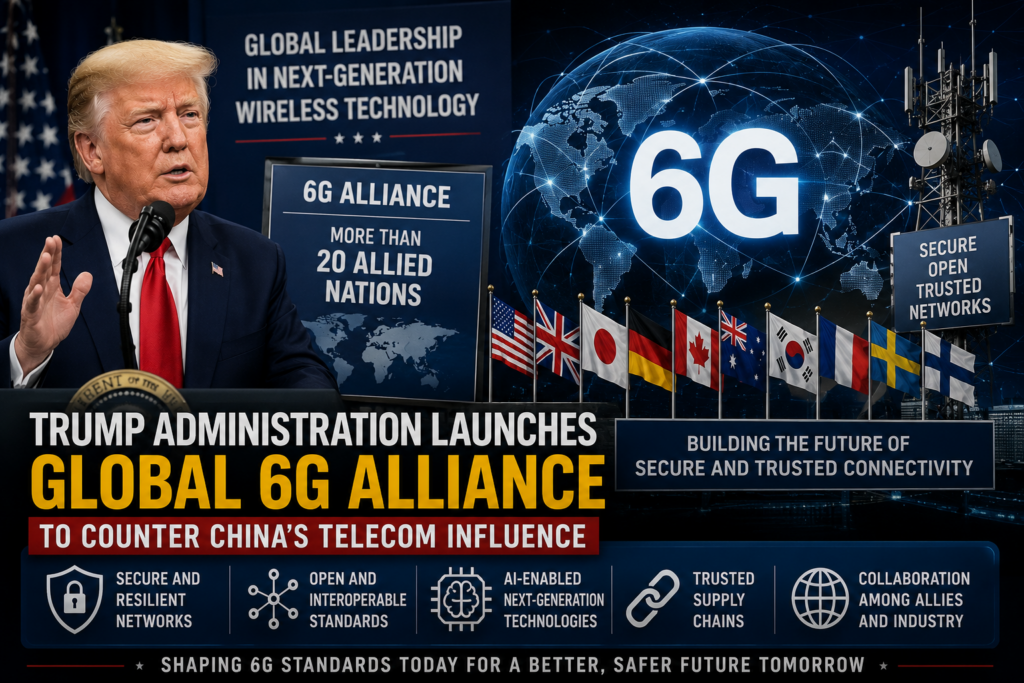 President Donald Trump announces a global 6G alliance to strengthen secure wireless technology and counter China.