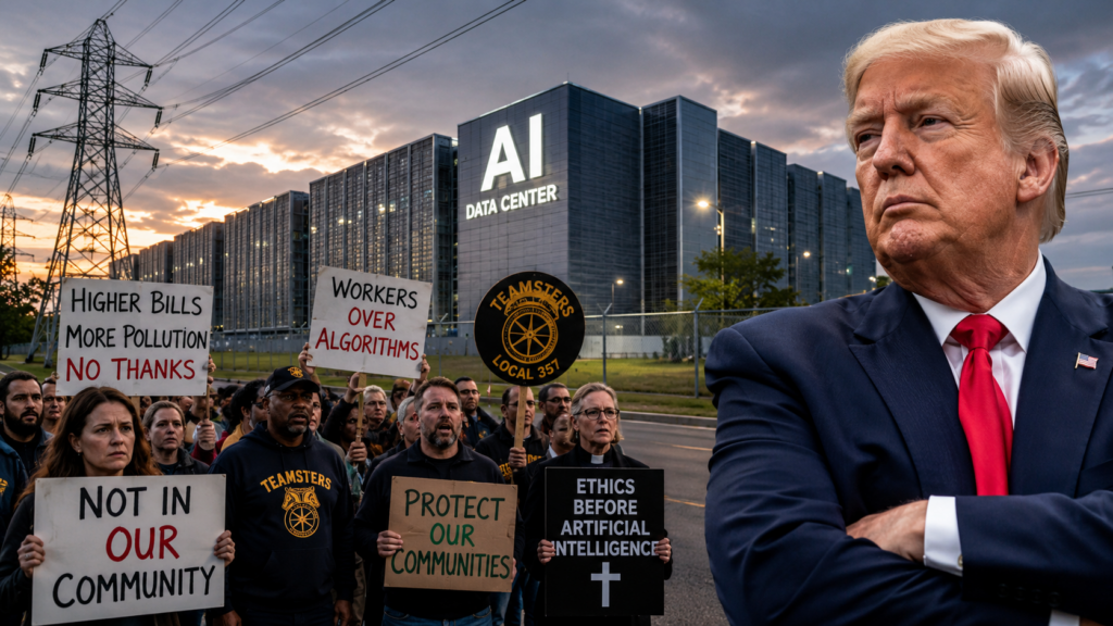  Demonstrators protest AI data center expansion as President Trump's AI infrastructure agenda faces growing local opposition.
