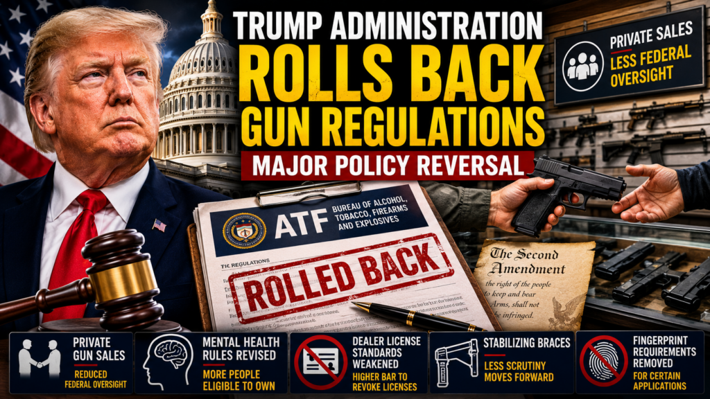 People shop for firearms at a gun show as the Trump administration rolls back federal gun regulations affecting private sales and mental health reporting.