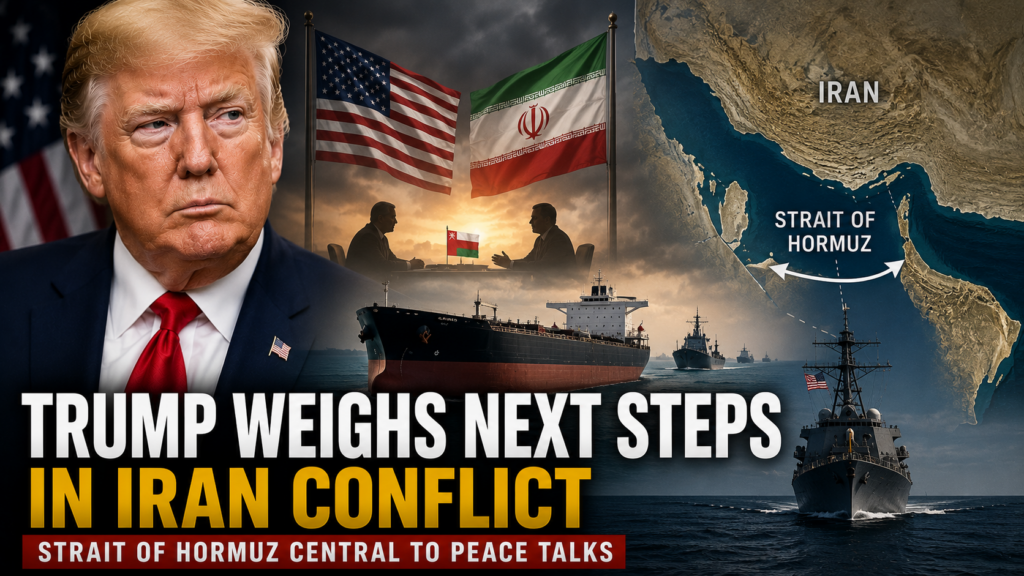 President Donald Trump discusses the Iran conflict as peace talks focus on the Strait of Hormuz.