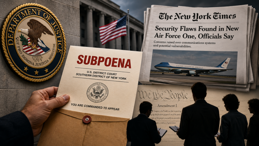 Trump administration faces criticism over New York Times subpoenas involving Air Force One reporting.