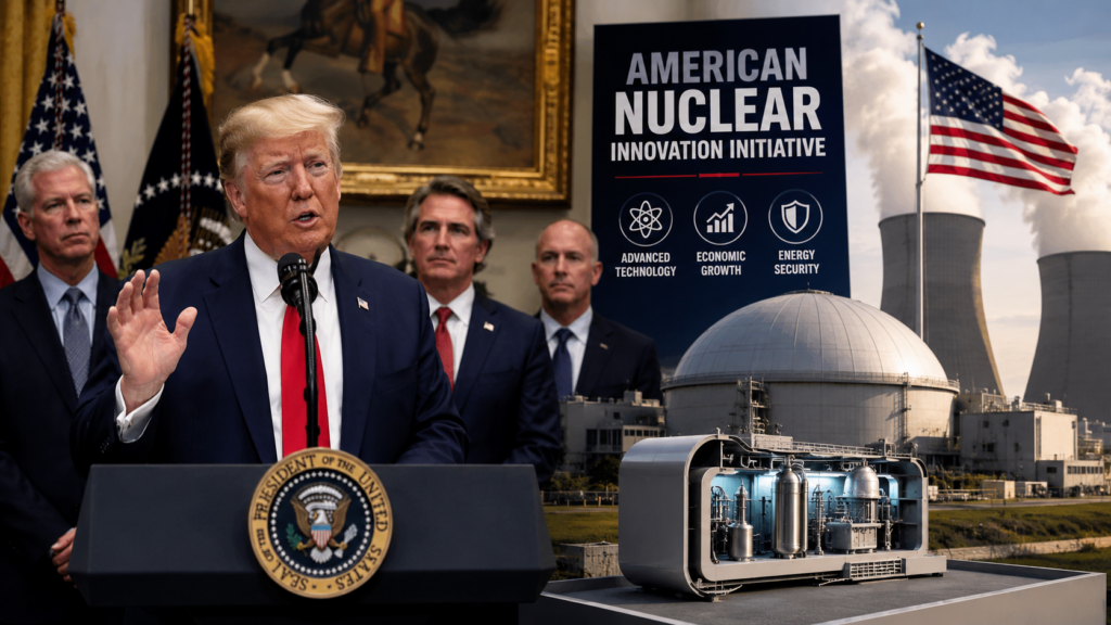 President Donald Trump announces an American nuclear innovation initiative at the White House.