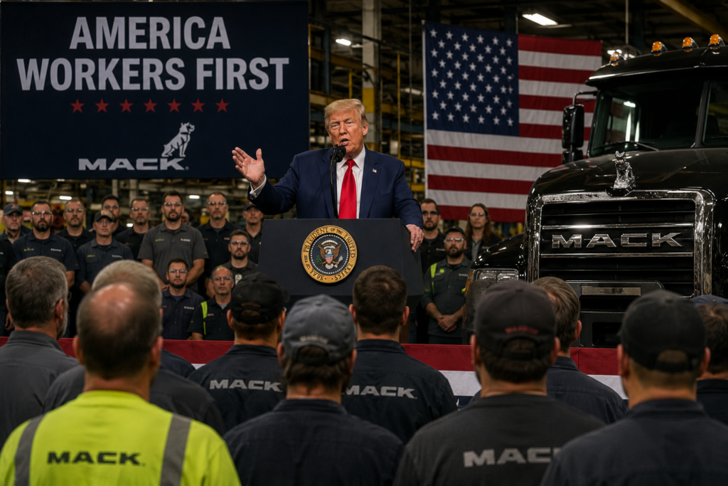 President Donald Trump speaking at the Mack Trucks facility in Pennsylvania about the U.S. economy and manufacturing.