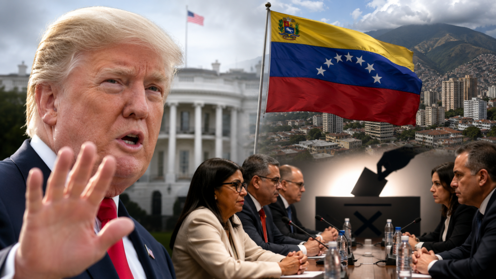 President Donald Trump speaks at the White House about Venezuela's political transition and future elections.