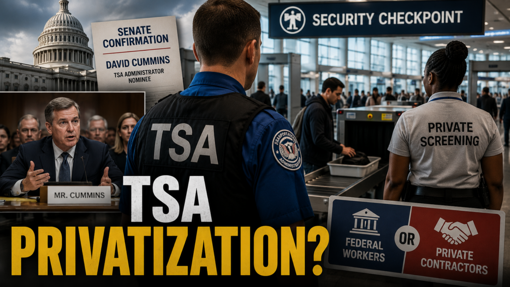 TSA officers screening passengers at a U.S. airport amid debate over airport security privatization