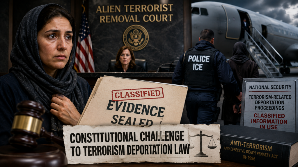 Federal court hearing involving the Alien Terrorist Removal Act as the Trump administration defends the constitutionality of the specialized deportation process.