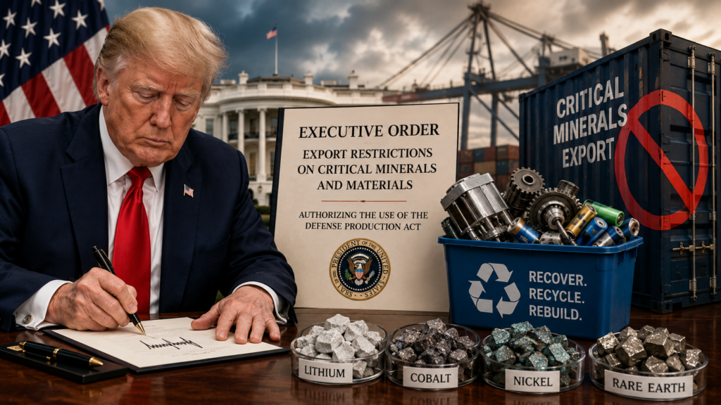 President Donald Trump signs an executive order restricting exports of recoverable critical minerals to strengthen U.S. supply chains.