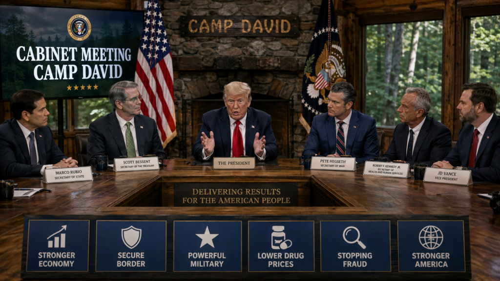 President Donald Trump chairs the first televised Cabinet meeting at Camp David alongside senior administration officials.