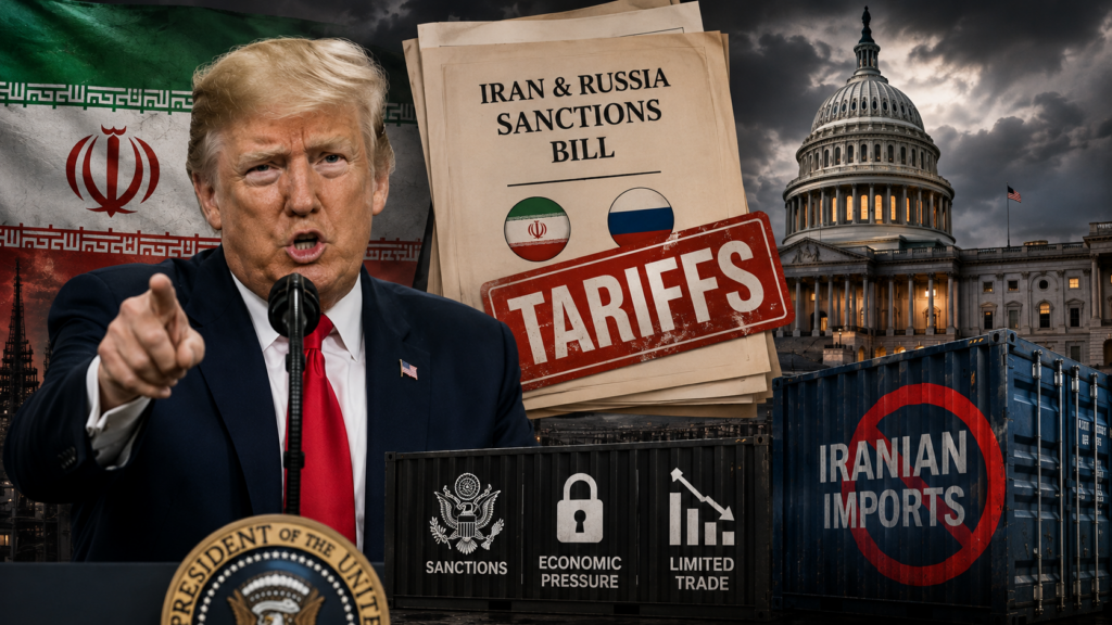 President Donald Trump discusses adding tariffs on Iran to a bipartisan sanctions bill during remarks at the White House.