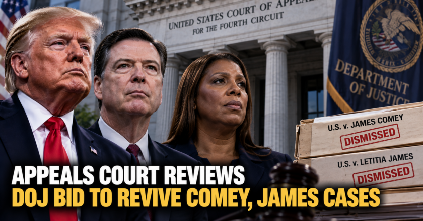 Appeals Court Reviews DOJ Bid to Revive Comey, James Cases