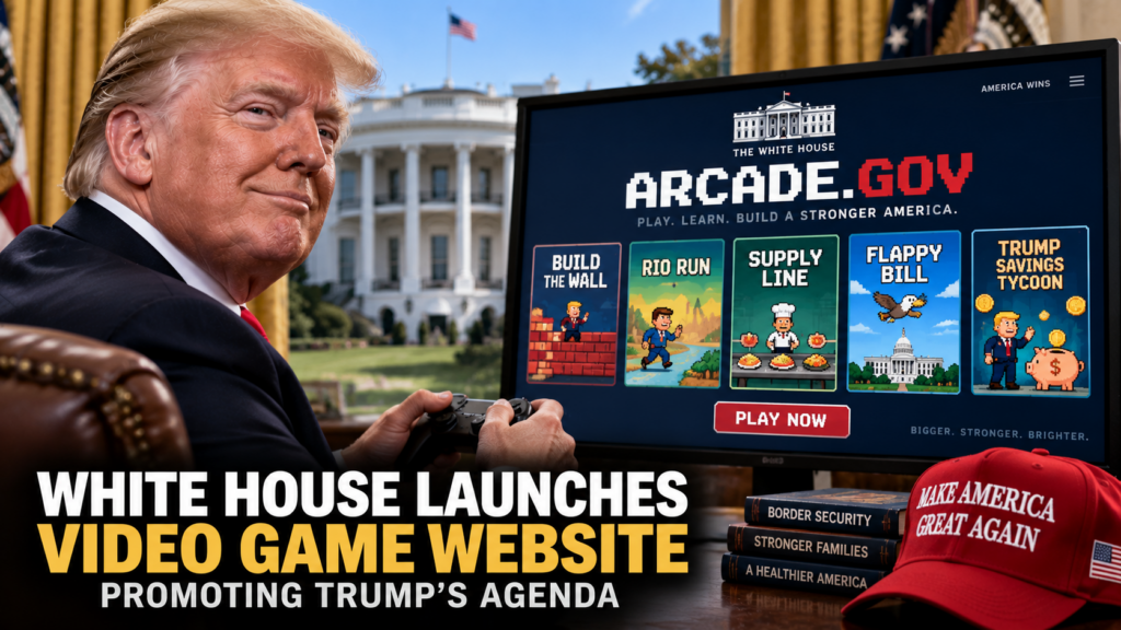 White House Trump video game website featuring retro arcade games promoting the administration's agenda