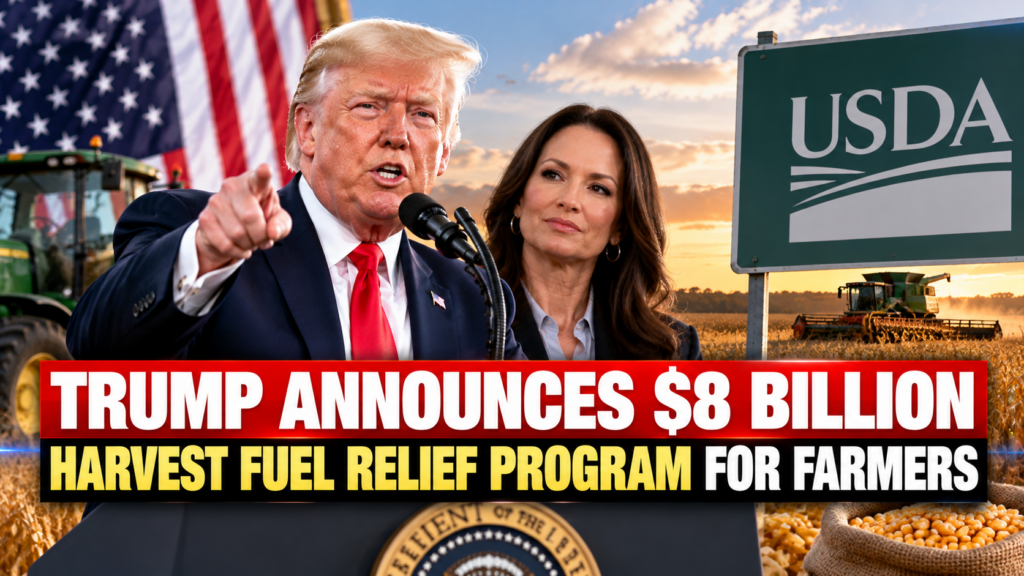 Tractor harvesting crops as the Trump administration announces the $8 billion Harvest Fuel Relief Program for American farmers.