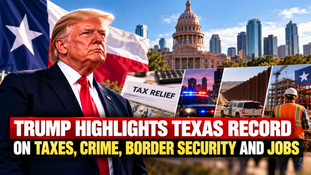 President Trump's Texas record highlighting tax relief, border security, public safety, and private investment.