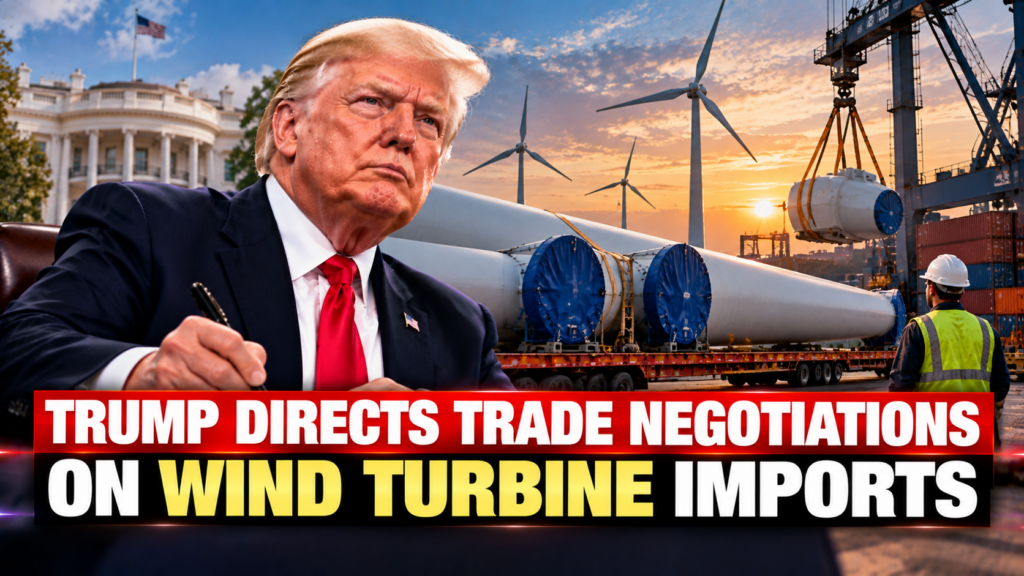 Wind turbines illustrating Trump's trade negotiations over imported wind turbine components and U.S. national security concerns.